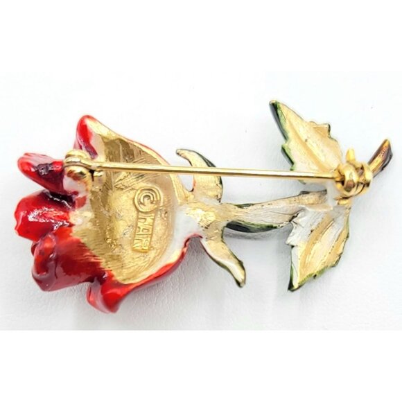 HAR Red Rose Enamel Brooch Signed - Picture 3 of 6